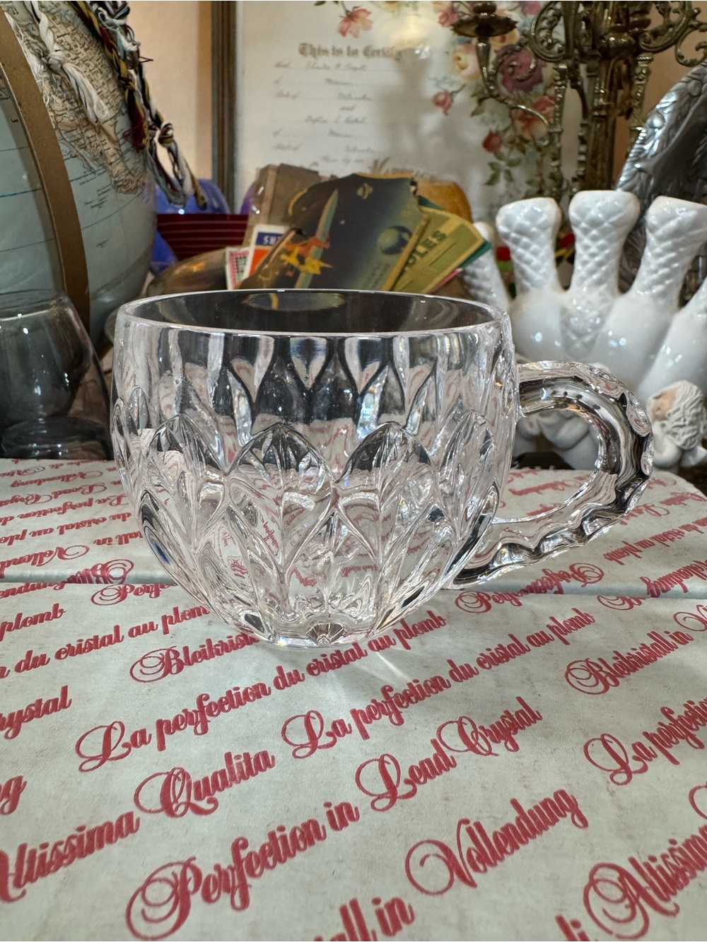 Clear Cut Crystal Glass Mug with Decorative Handle in box—set of 6